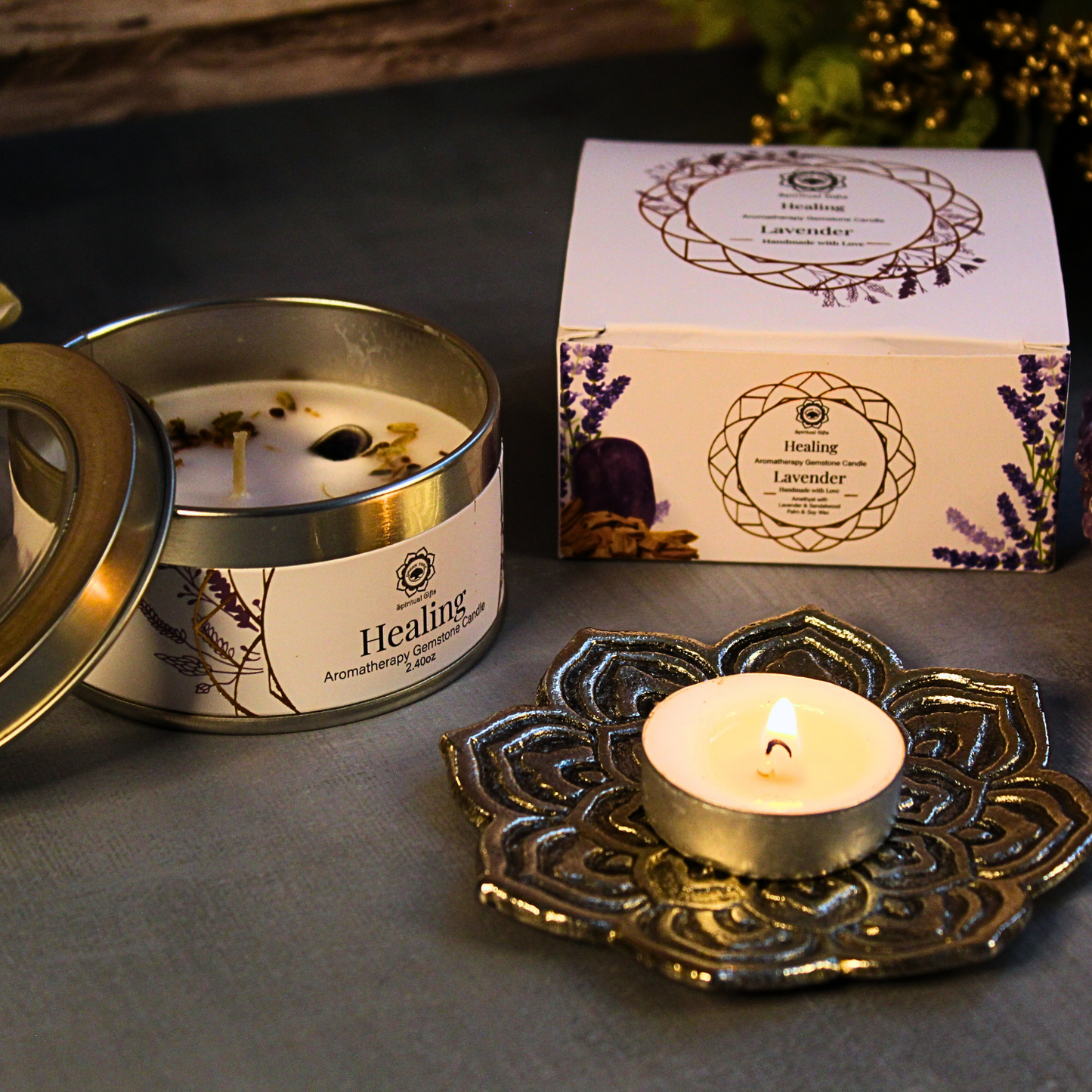 Bougie parfumée Green Tree à la lavande guérissante avec pierres précieuses, 70 g - Ether et sens