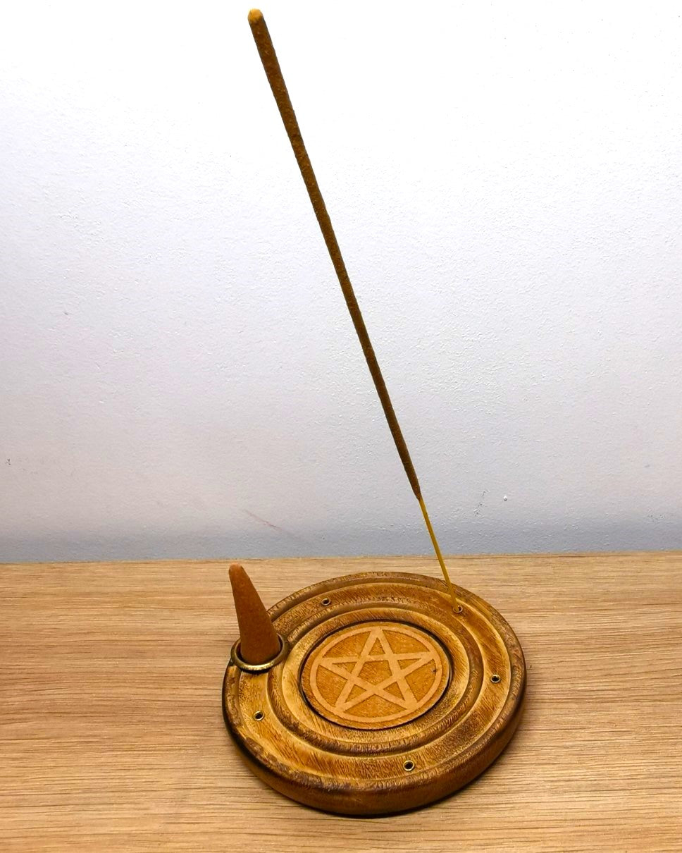 Porte-Encens Bois Rond Pentagramme 10cm - Ether et sens