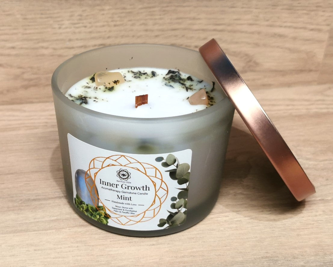 Bougie Green Tree "Croissance intérieure" Pierre de Lune et Menthe 256g - Ether et sens