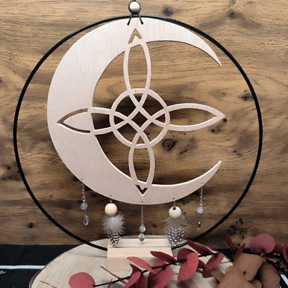 Lune des Sorcières – Décoration en bois, plumes et labradorite
