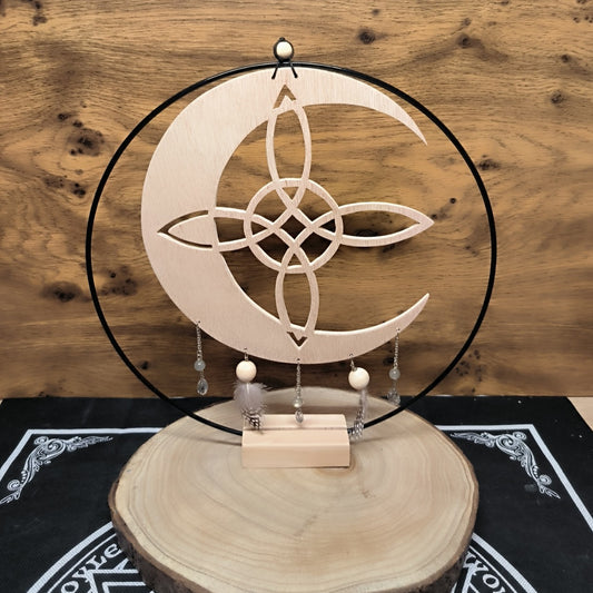 Lune des Sorcières – Décoration en bois, plumes et labradorite