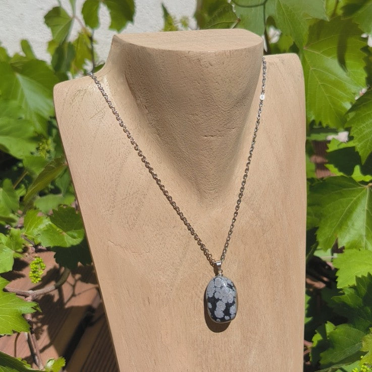 Pendentif pierre roulée OBSIDIENNE NEIGE